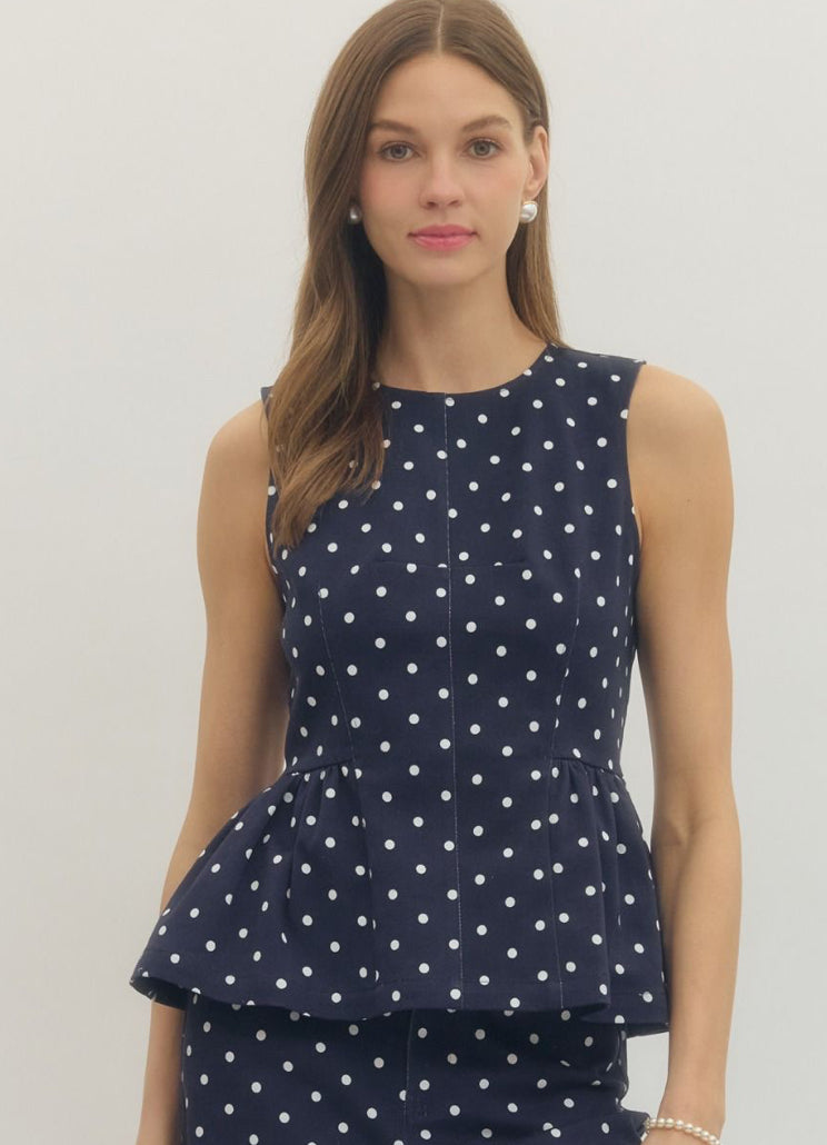 Navy Polka Dot Peplum Top