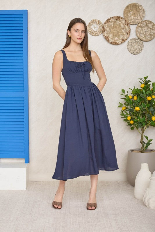 Navy Square Neck Midi Dress