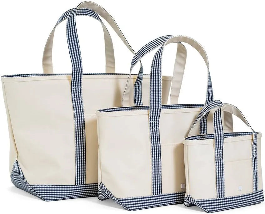 Gingham Navy Trim Tote Bag, Medium