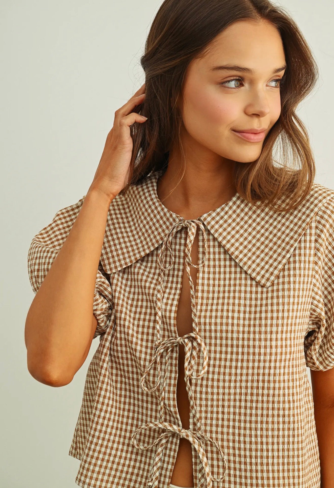 Downtown Darling Gingham Tie Front Top