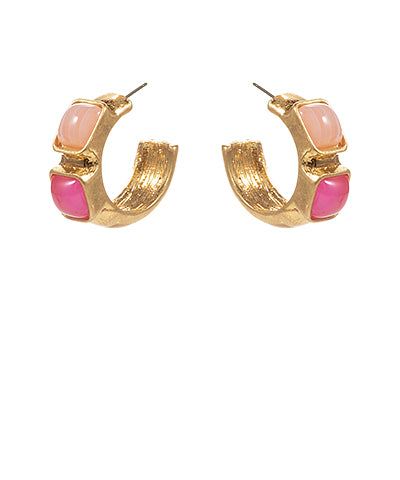 Stone Accent Vintage Hoops, Pink
