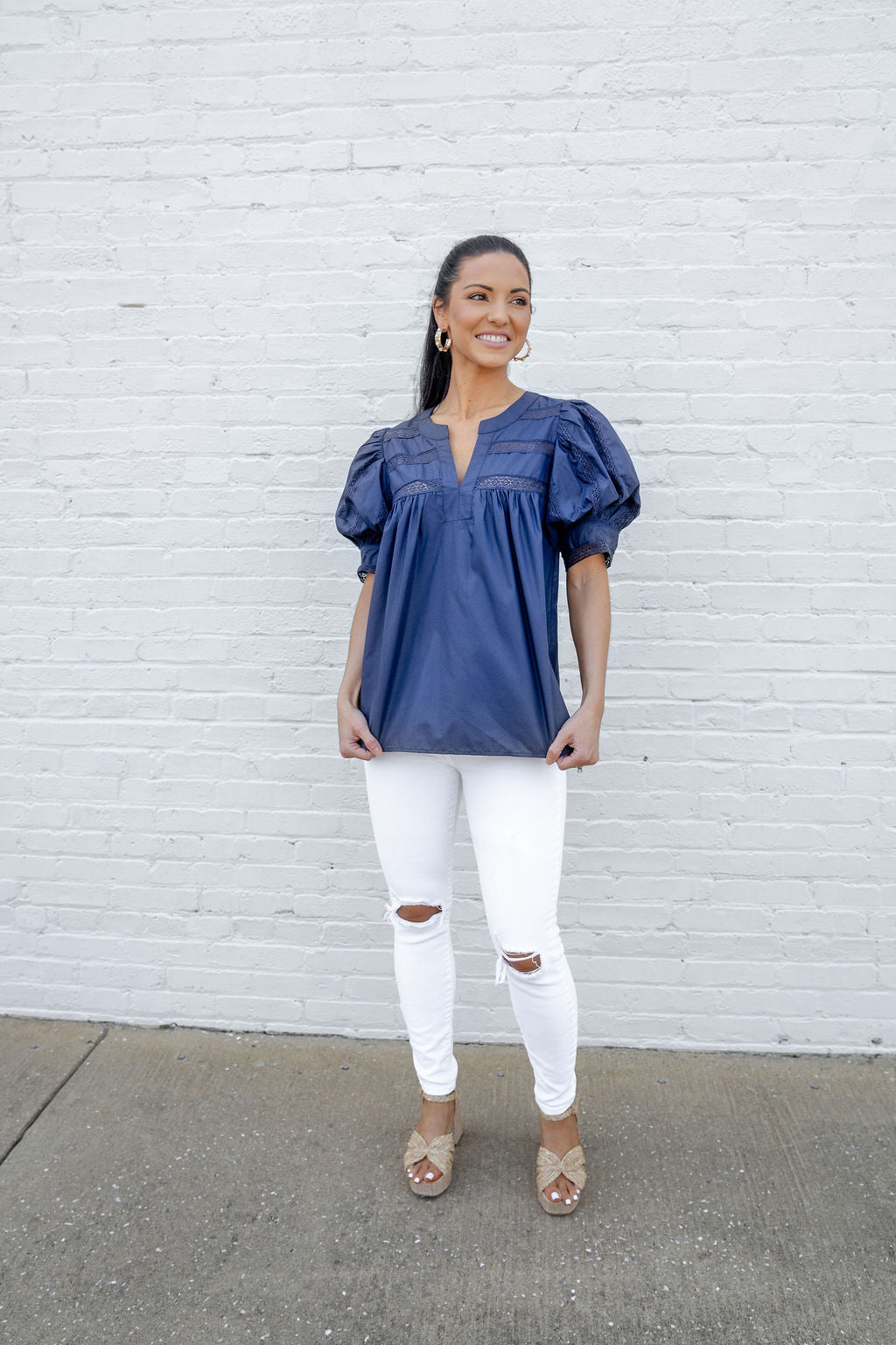 Hannah Puff Sleeve Top, Navy