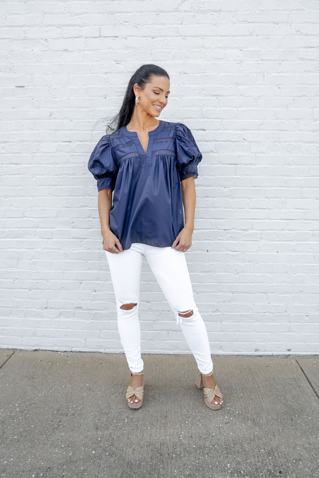 Hannah Puff Sleeve Top, Navy