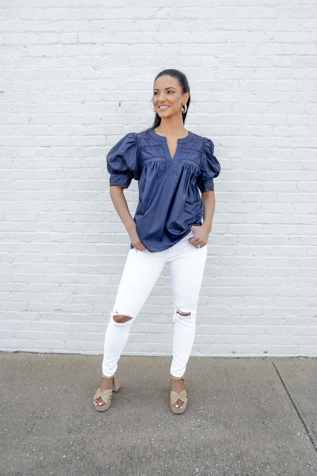 Hannah Puff Sleeve Top, Navy