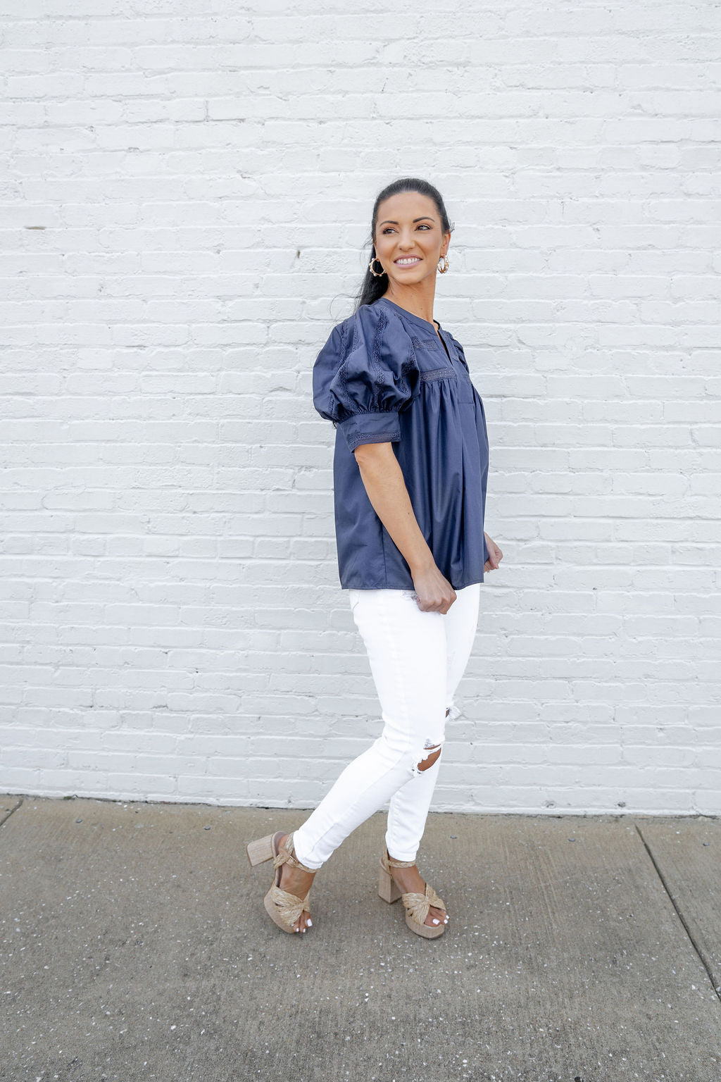 Hannah Puff Sleeve Top, Navy