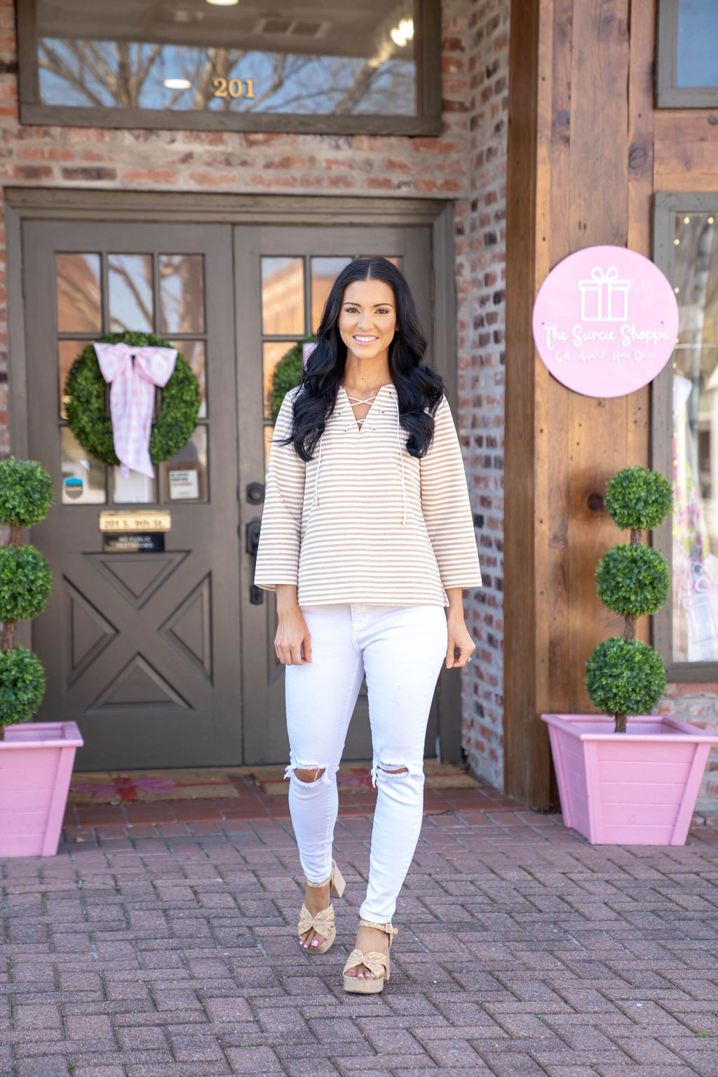 Set Sail Striped Lace Up Knit Top, Taupe