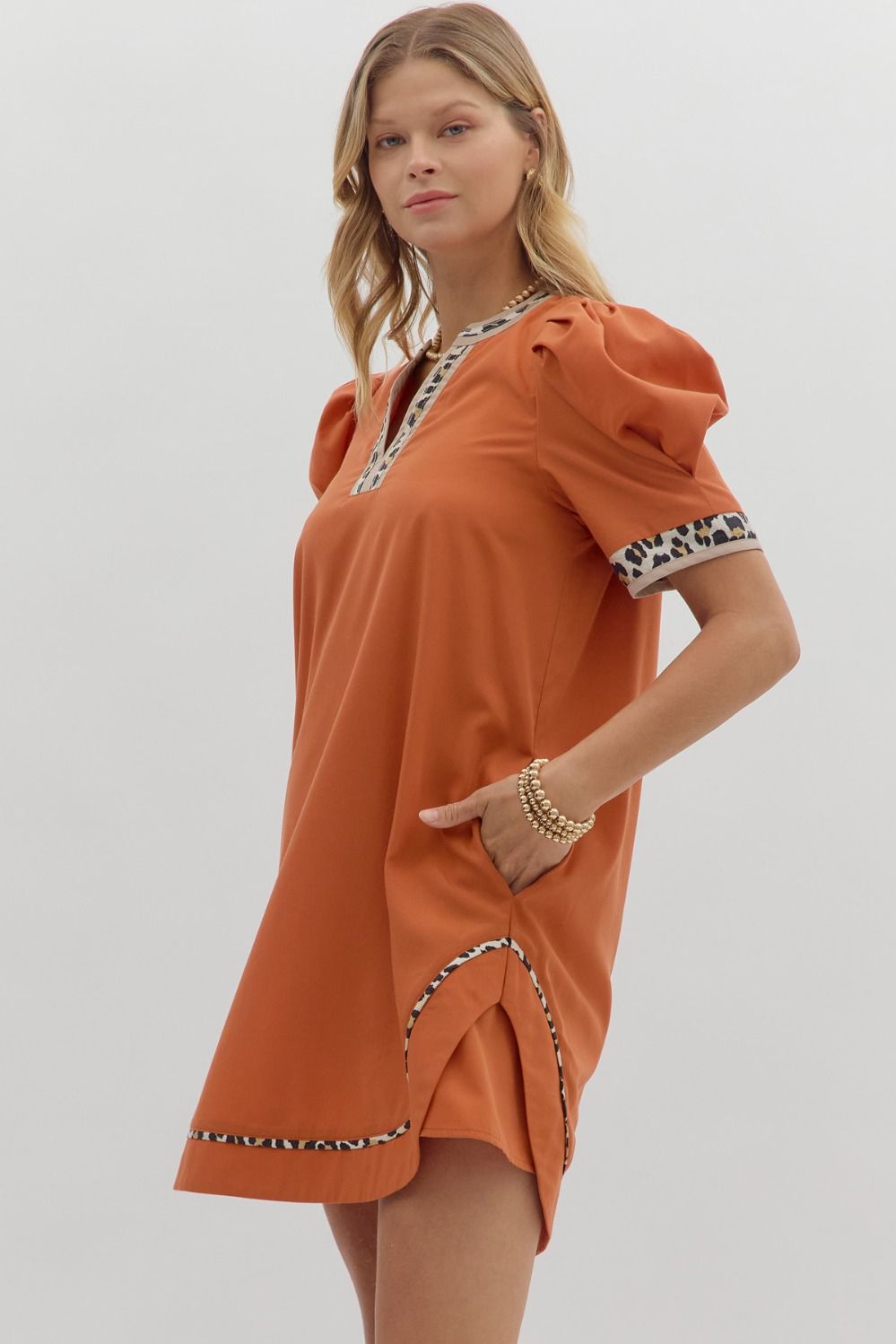 Leopard Trim Dress, Rust