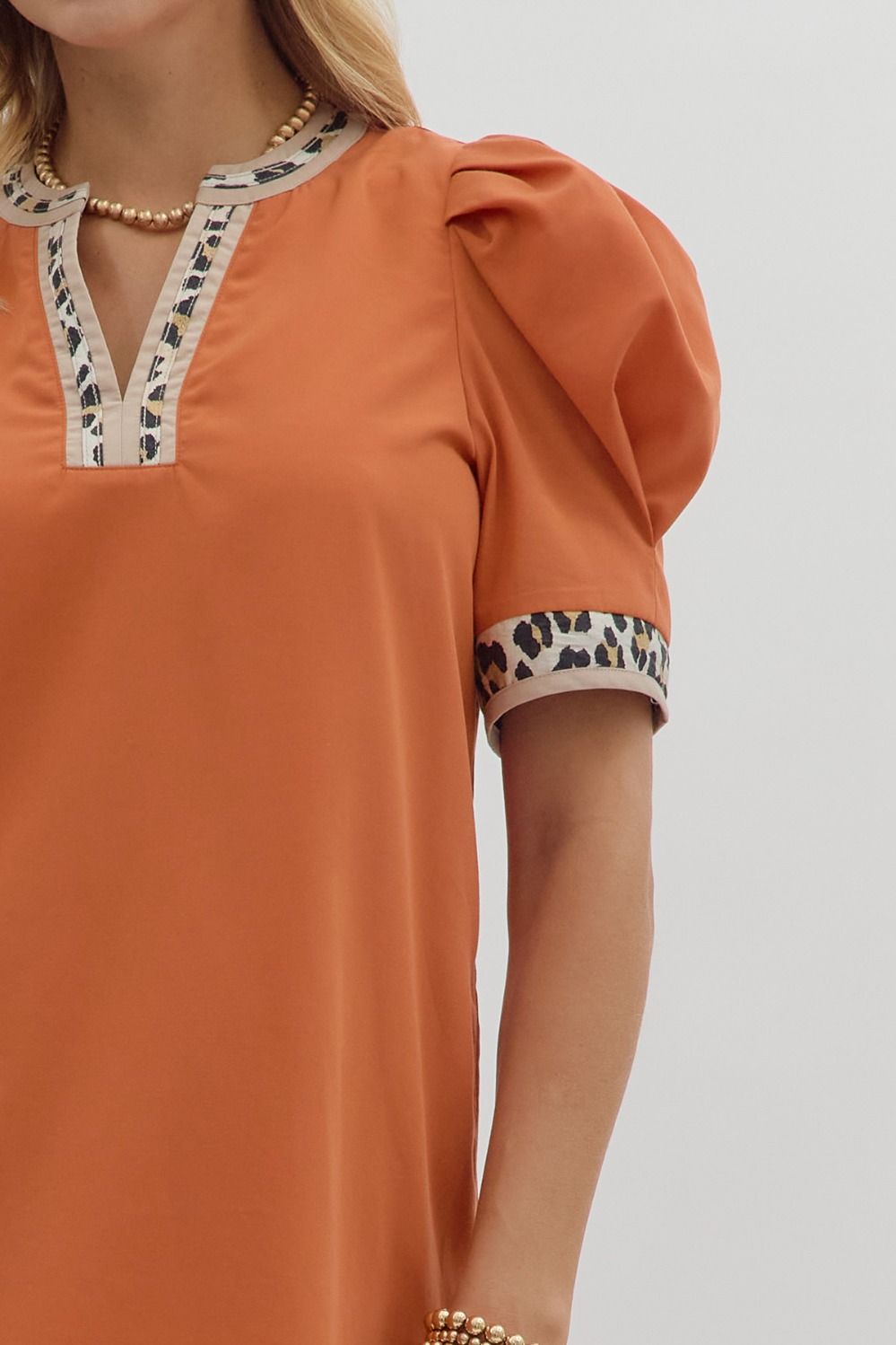 Leopard Trim Dress, Rust