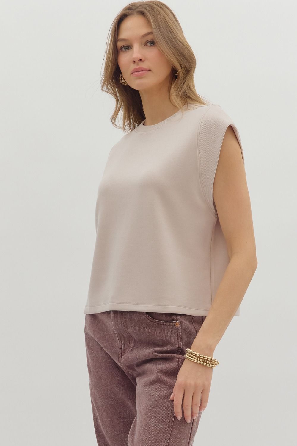 Ribbed Sleeve Tee, Almond