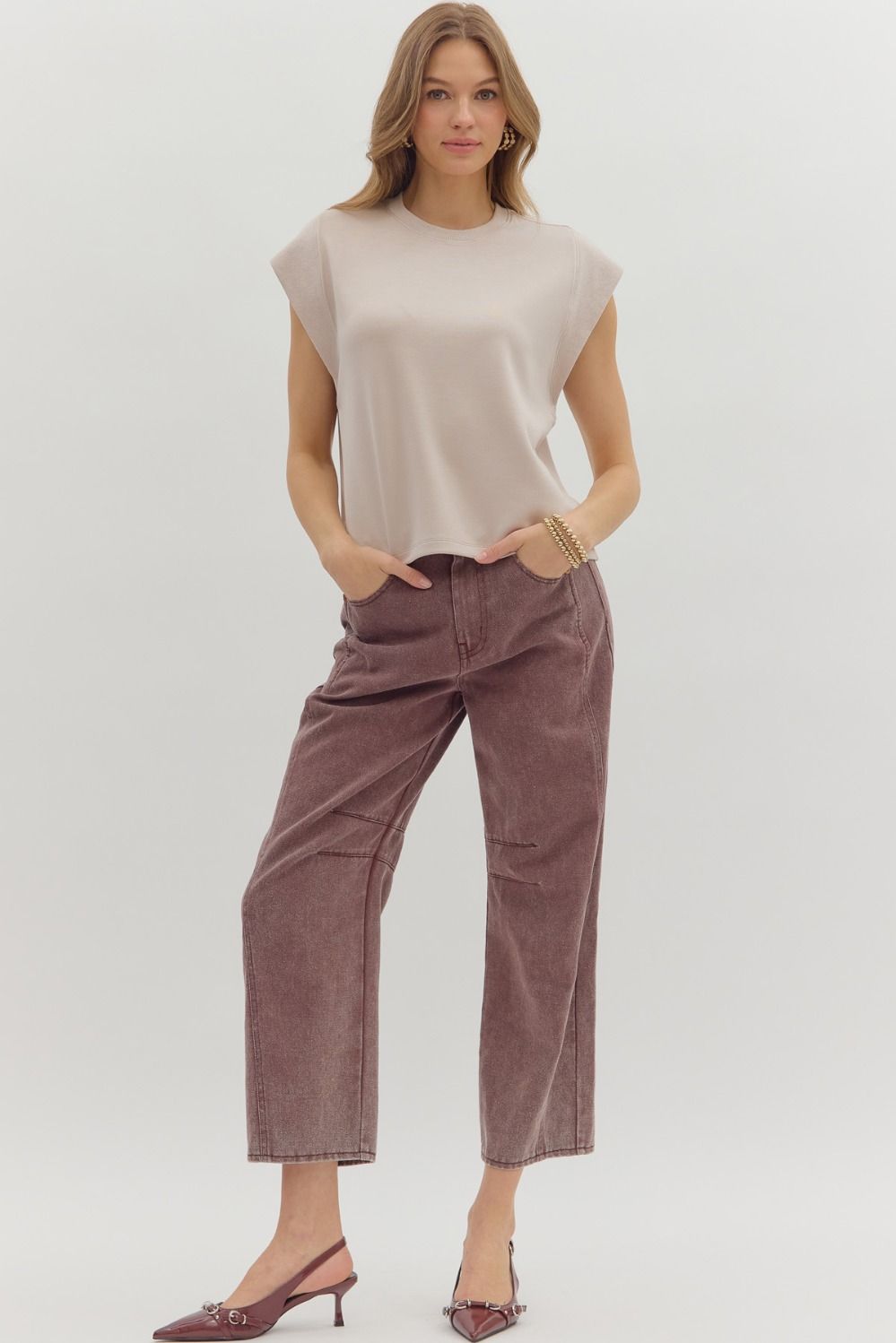 Ribbed Sleeve Tee, Almond