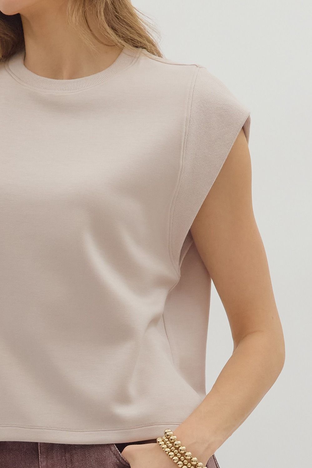 Ribbed Sleeve Tee, Almond