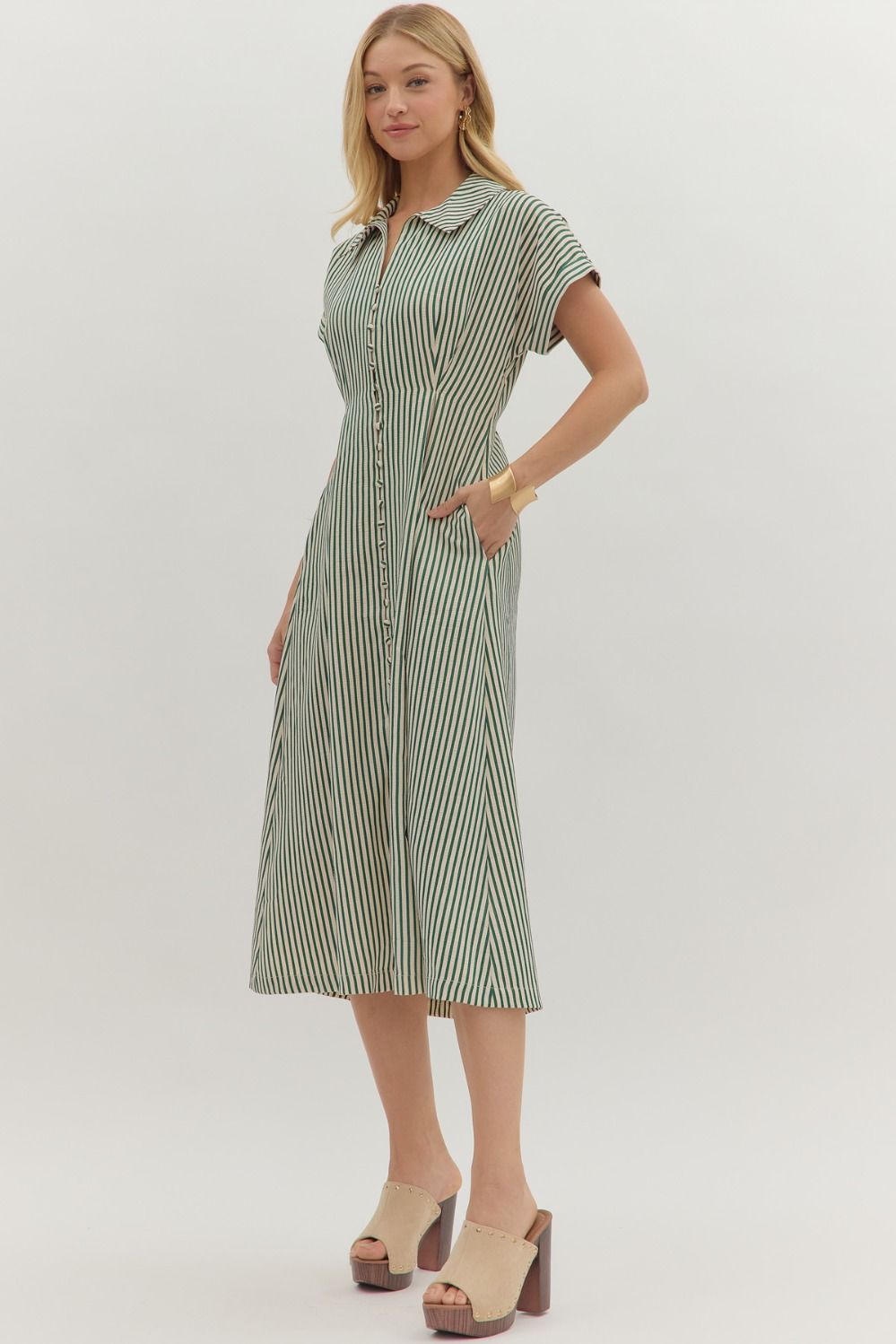 Let The Day Begin Striped Midi Dress, Green