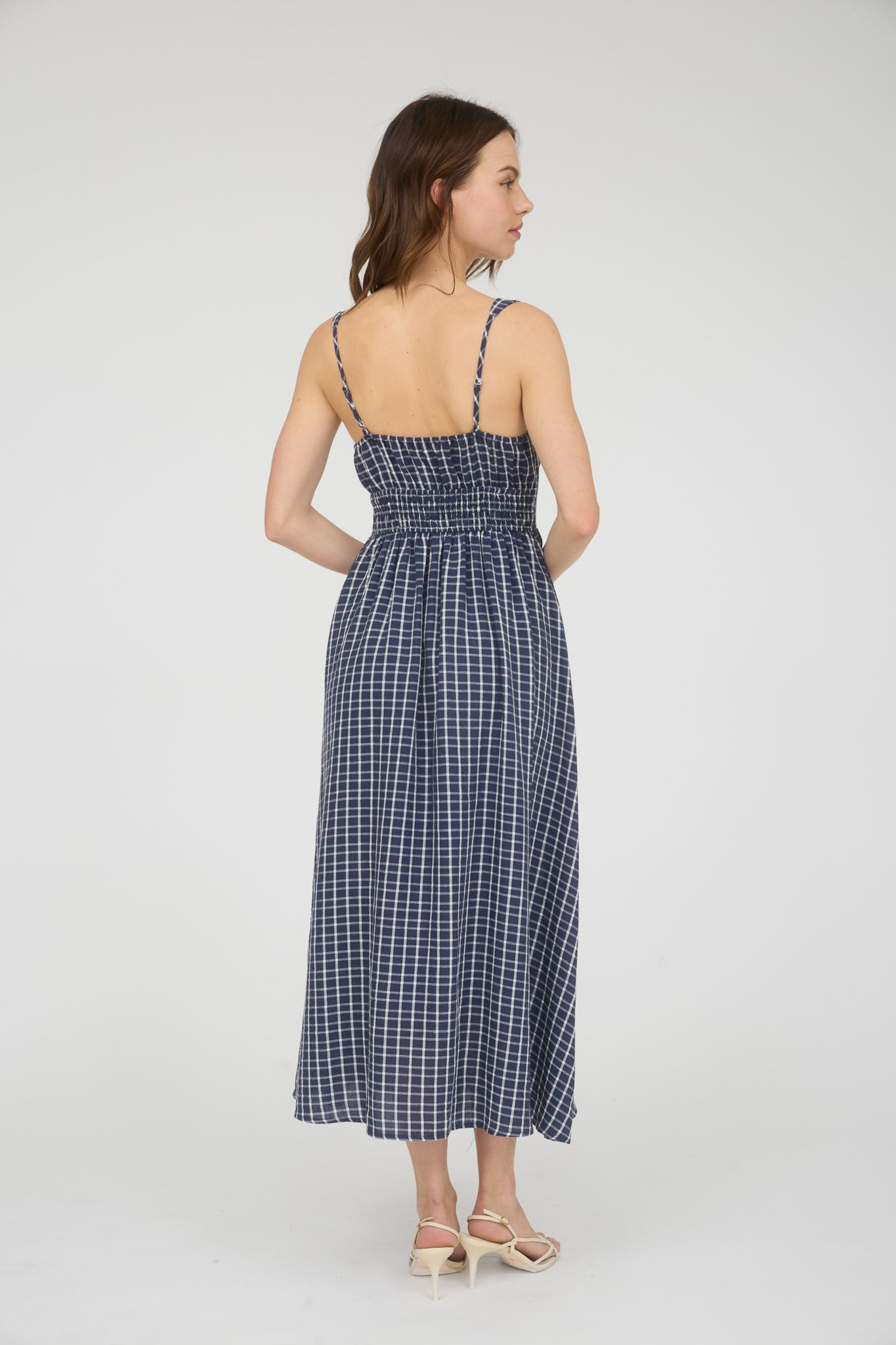 Navy Gingham Print Midi Dress