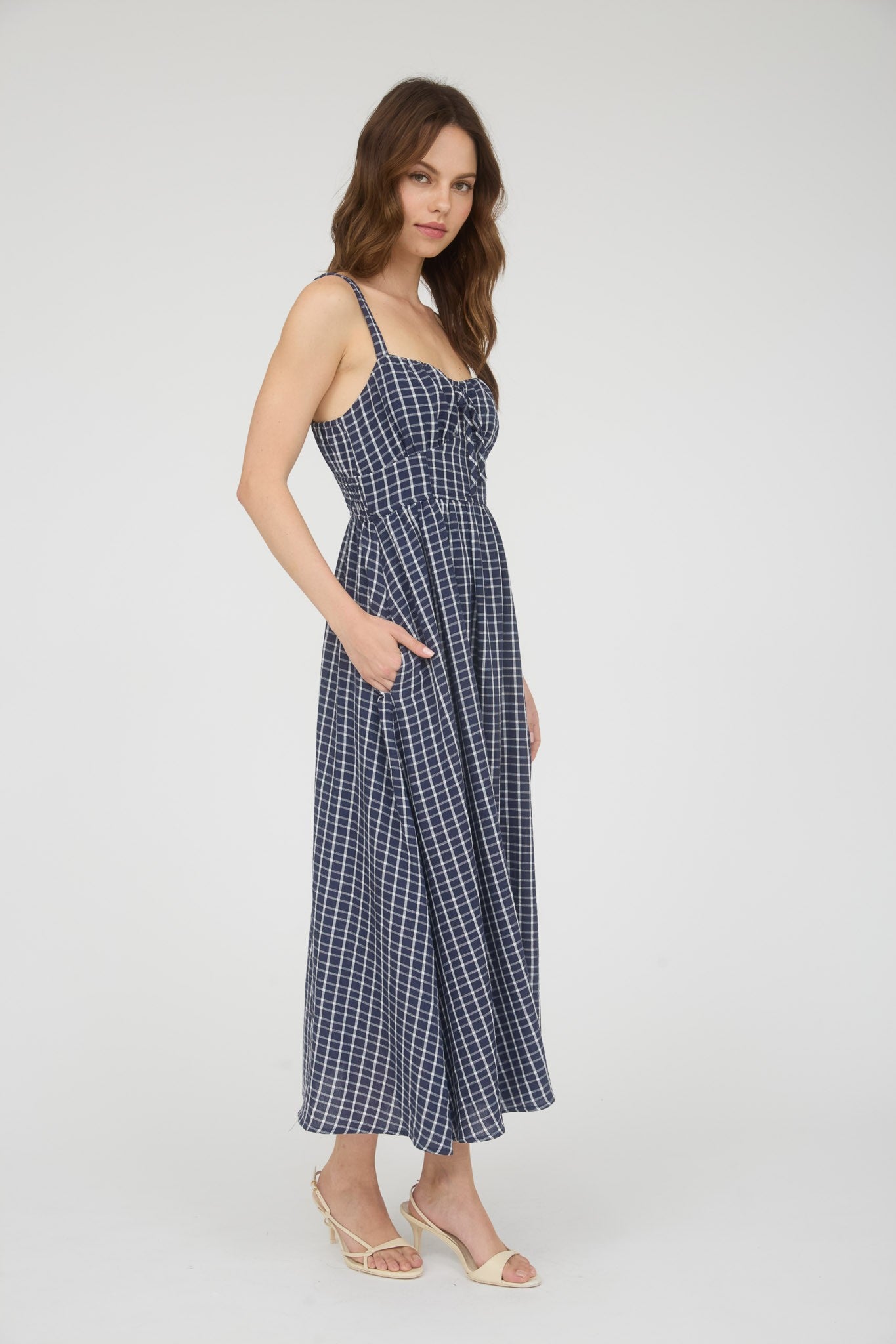 Navy Gingham Print Midi Dress