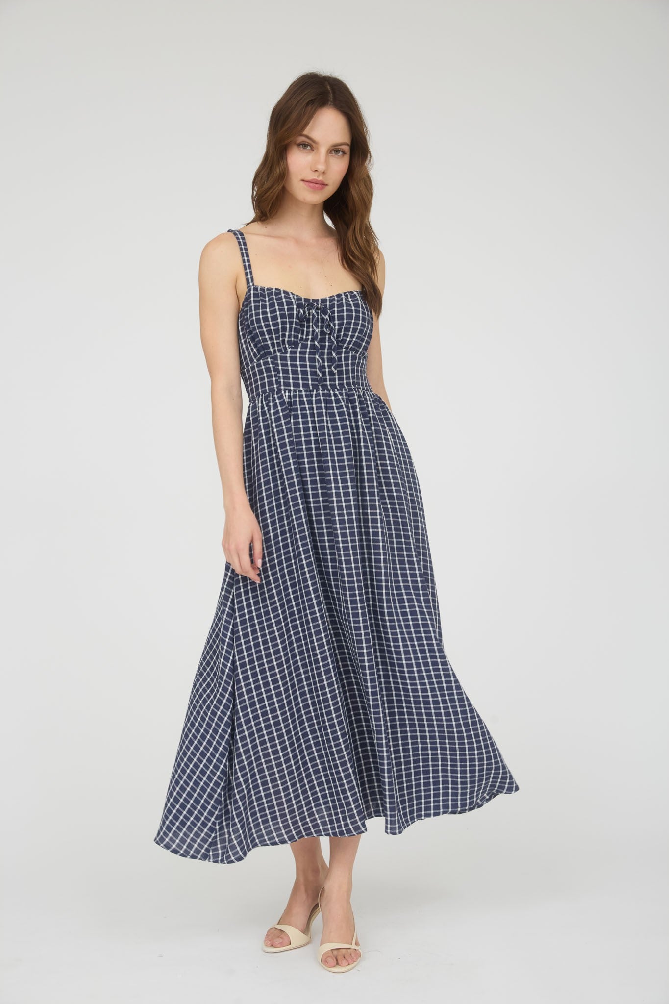 Navy Gingham Print Midi Dress