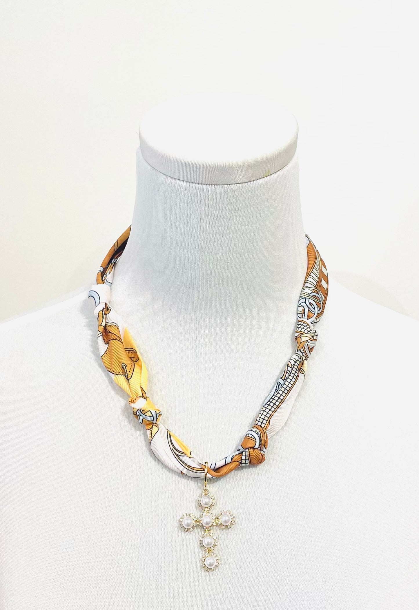 Tulum Scarf Necklace, Pearl Cross Charm