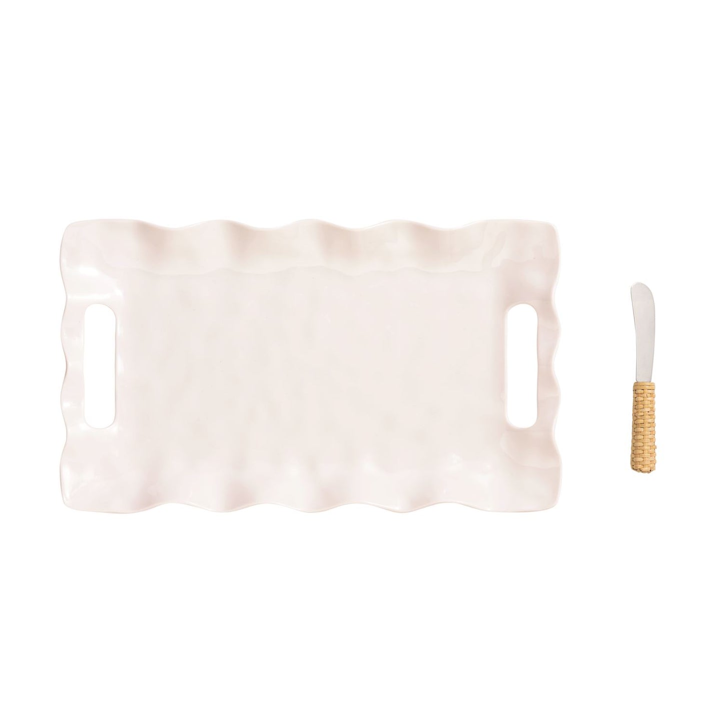 Ruffled Melamine Tray and Rattan Spreader Set
