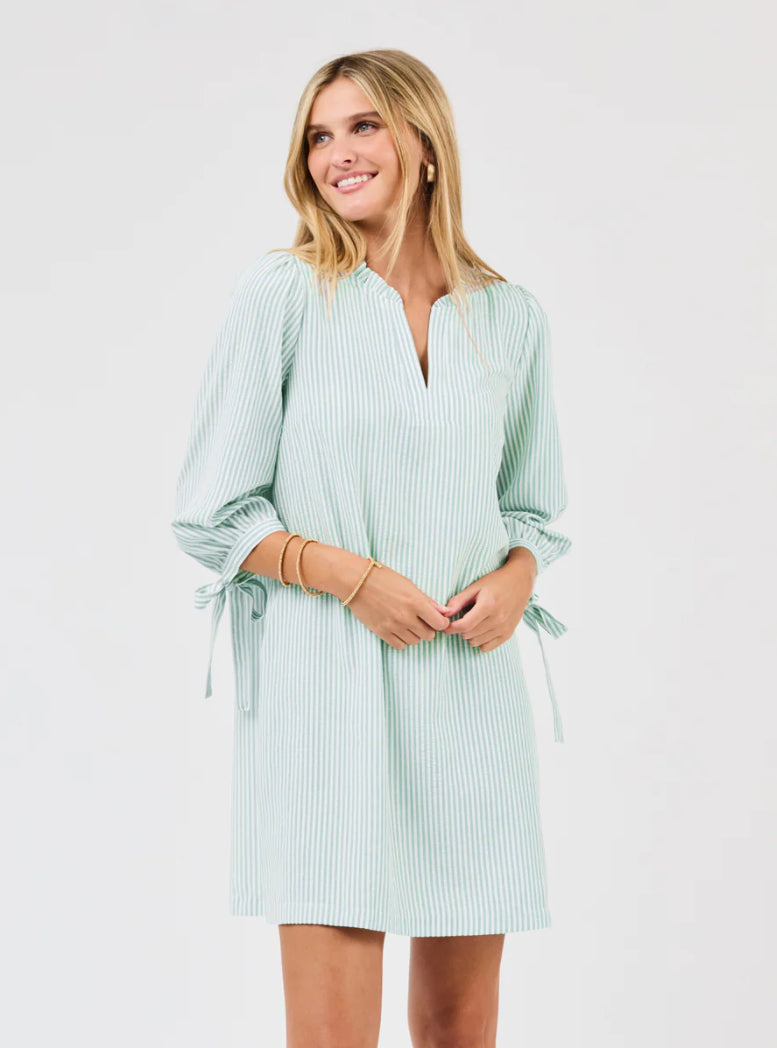 Lainey Dress, Seafoam and White Seersucker