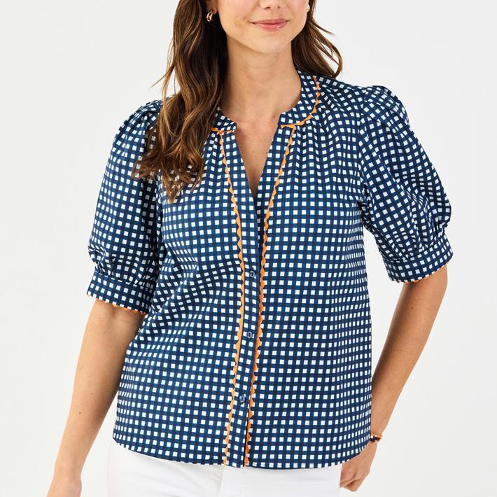Elaine Top, Gingham Navy and Orange