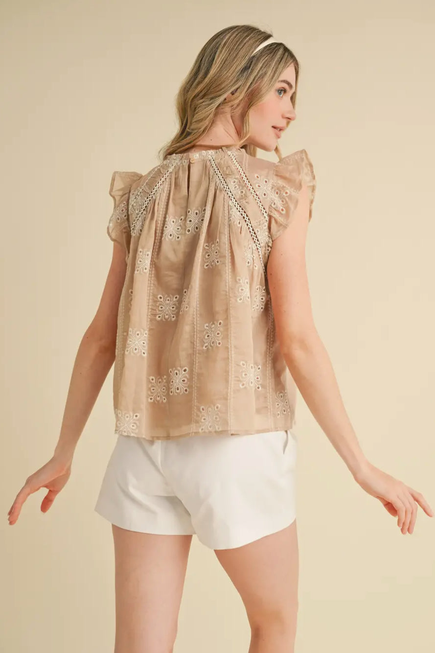 Lilian Lace Trim Flutter Sleeve Top, Taupe
