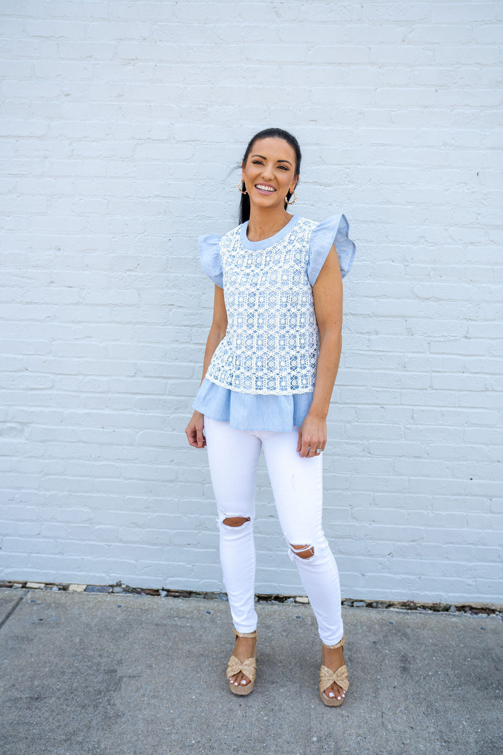 Here For It Crochet Lace Top, Slate Blue