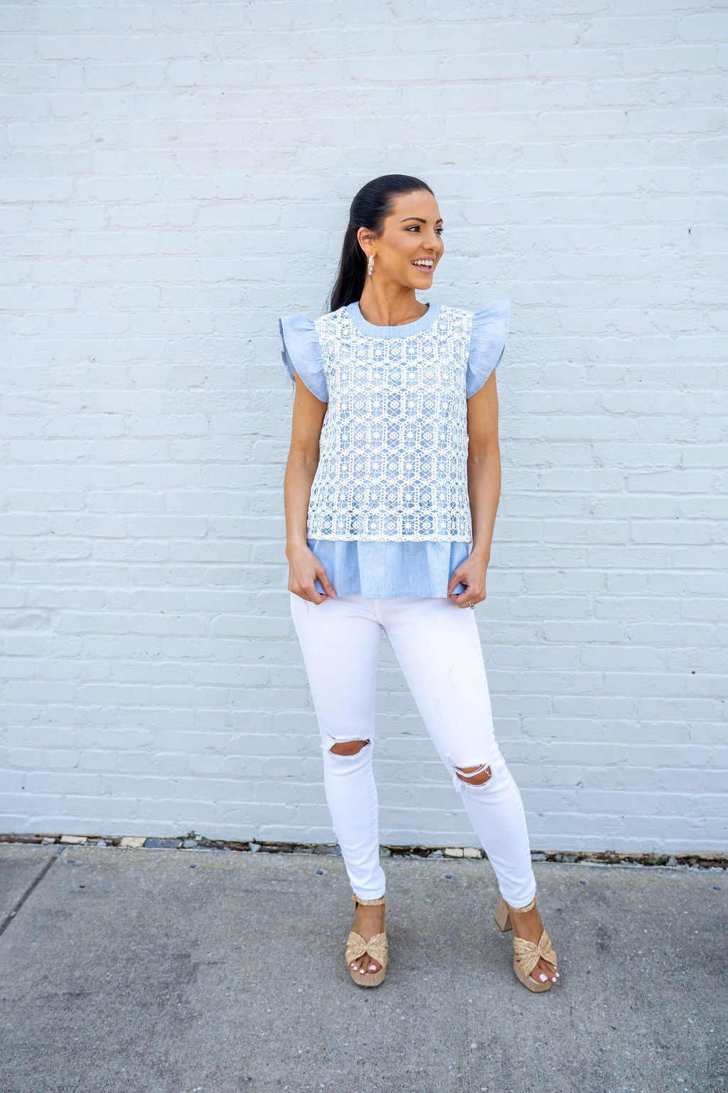 Here For It Crochet Lace Top, Slate Blue