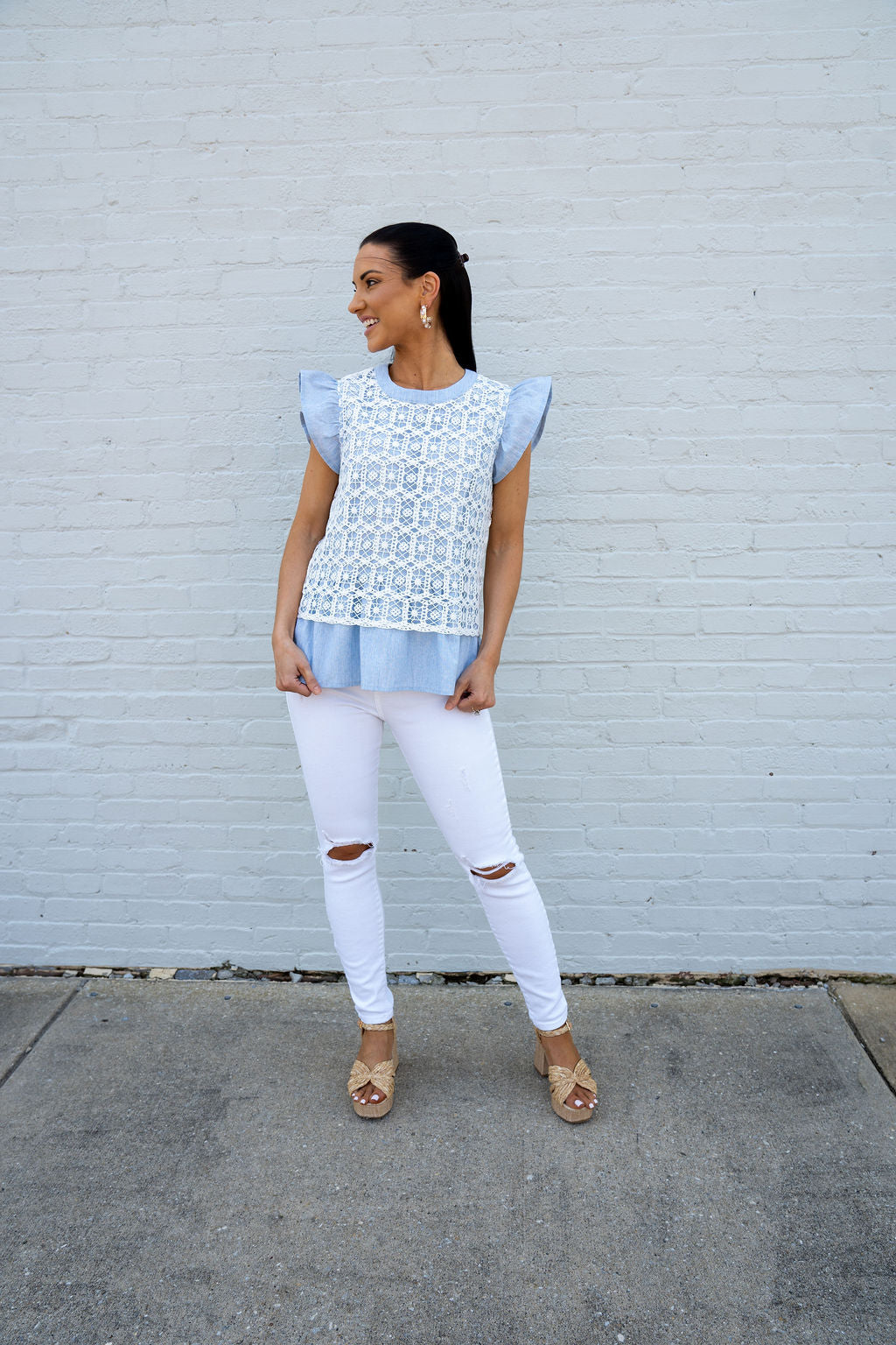 Here For It Crochet Lace Top, Slate Blue