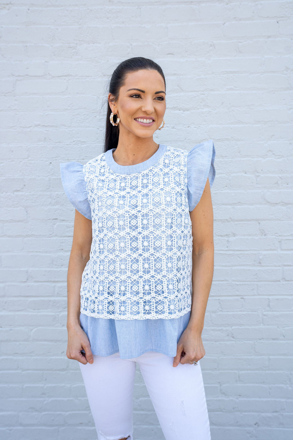 Here For It Crochet Lace Top, Slate Blue