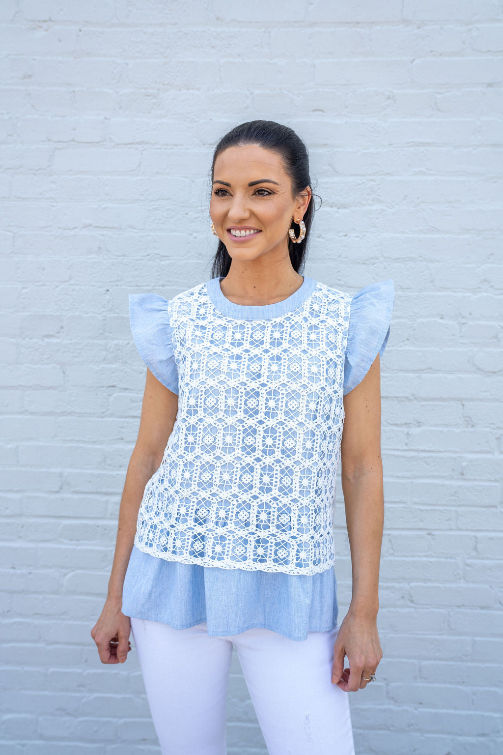 Here For It Crochet Lace Top, Slate Blue