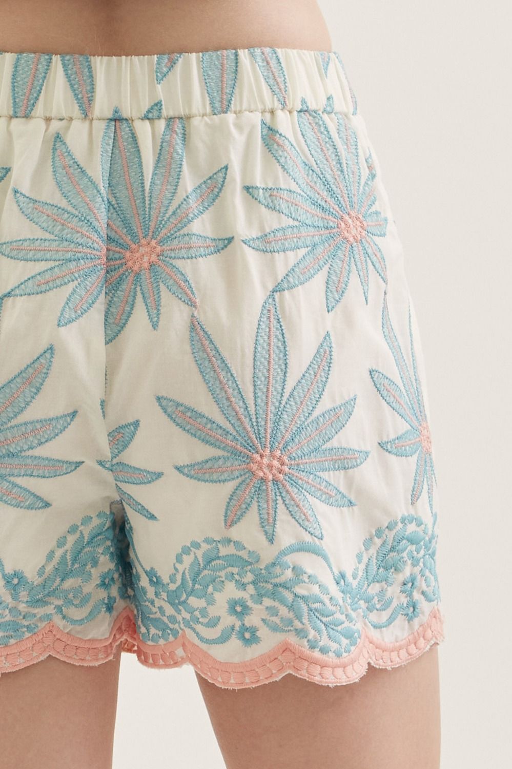 Coastal Rhythm Coral and Aqua Embroidered Shorts