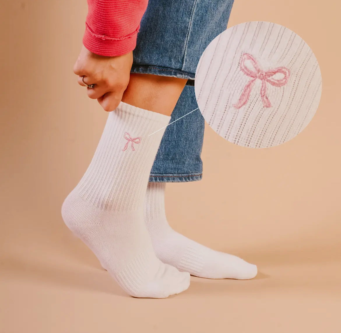 Embroidered Crew Socks, Pink Bow