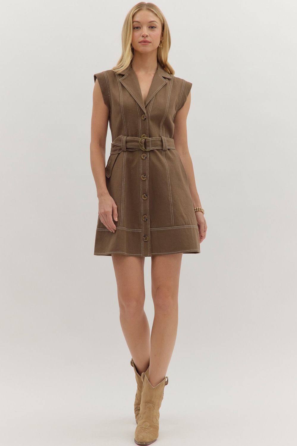 Alexa Denim Belt Dress, Brown