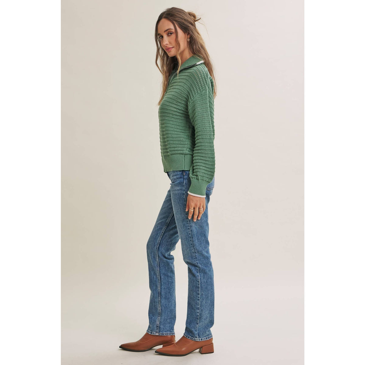 MOUNTAIN AIR TEXTURED HALF-ZIP SWEATER: SEA GREEN