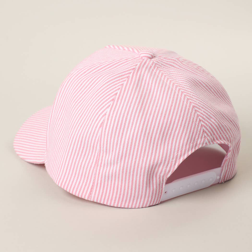MENTALLY AT THE BEACH Embroidered Seersucker Trucker Hat, Pink