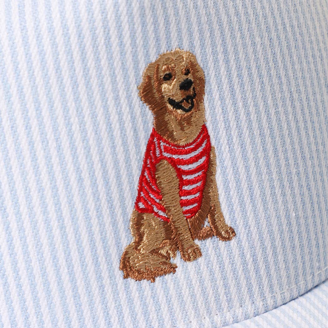 Golden Retriever Embroidered Seersucker Stripe Trucker Hat: BLUE