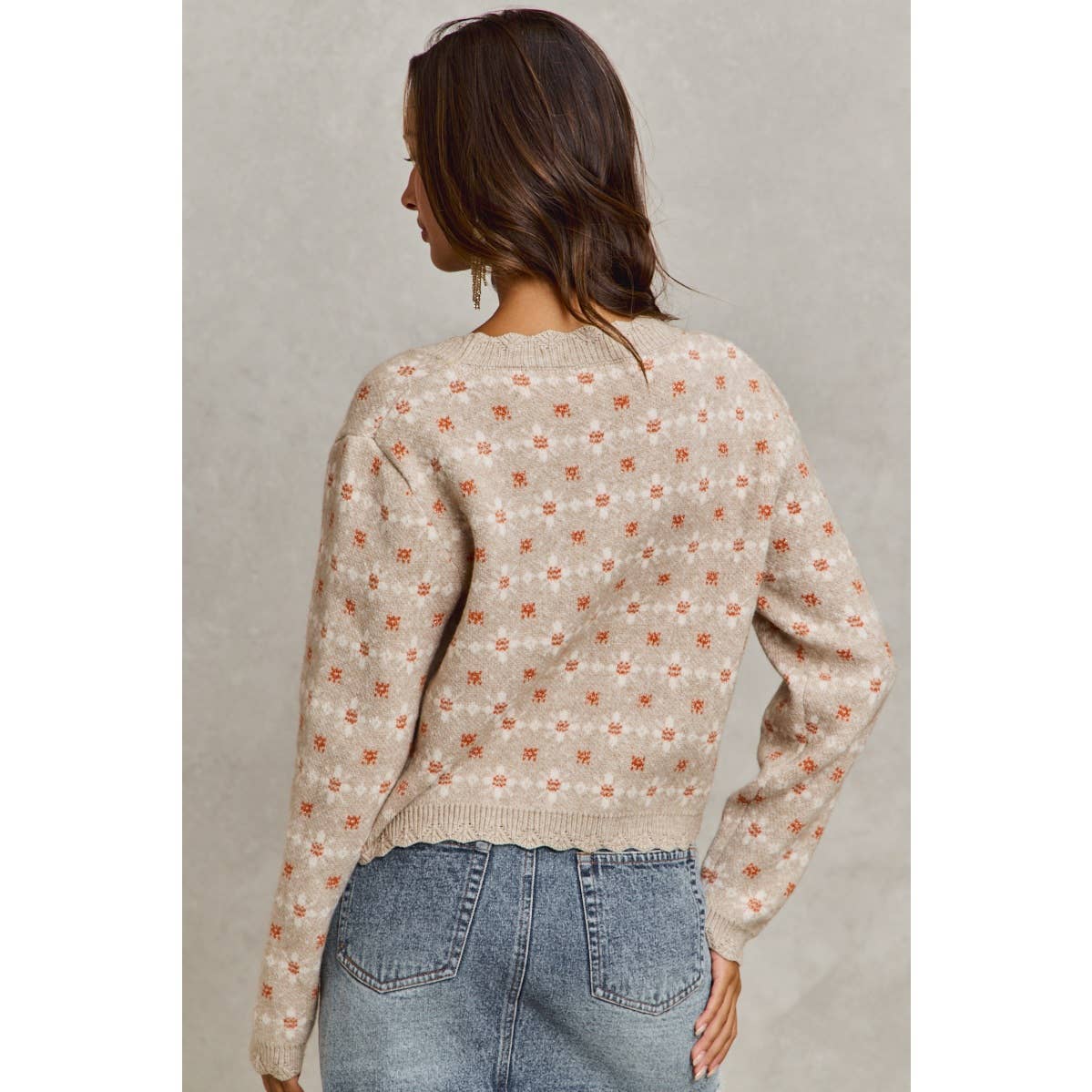 FLORAL PATTERNED BUTTON DOWN SWEATER CARDIGAN, OATMEAL