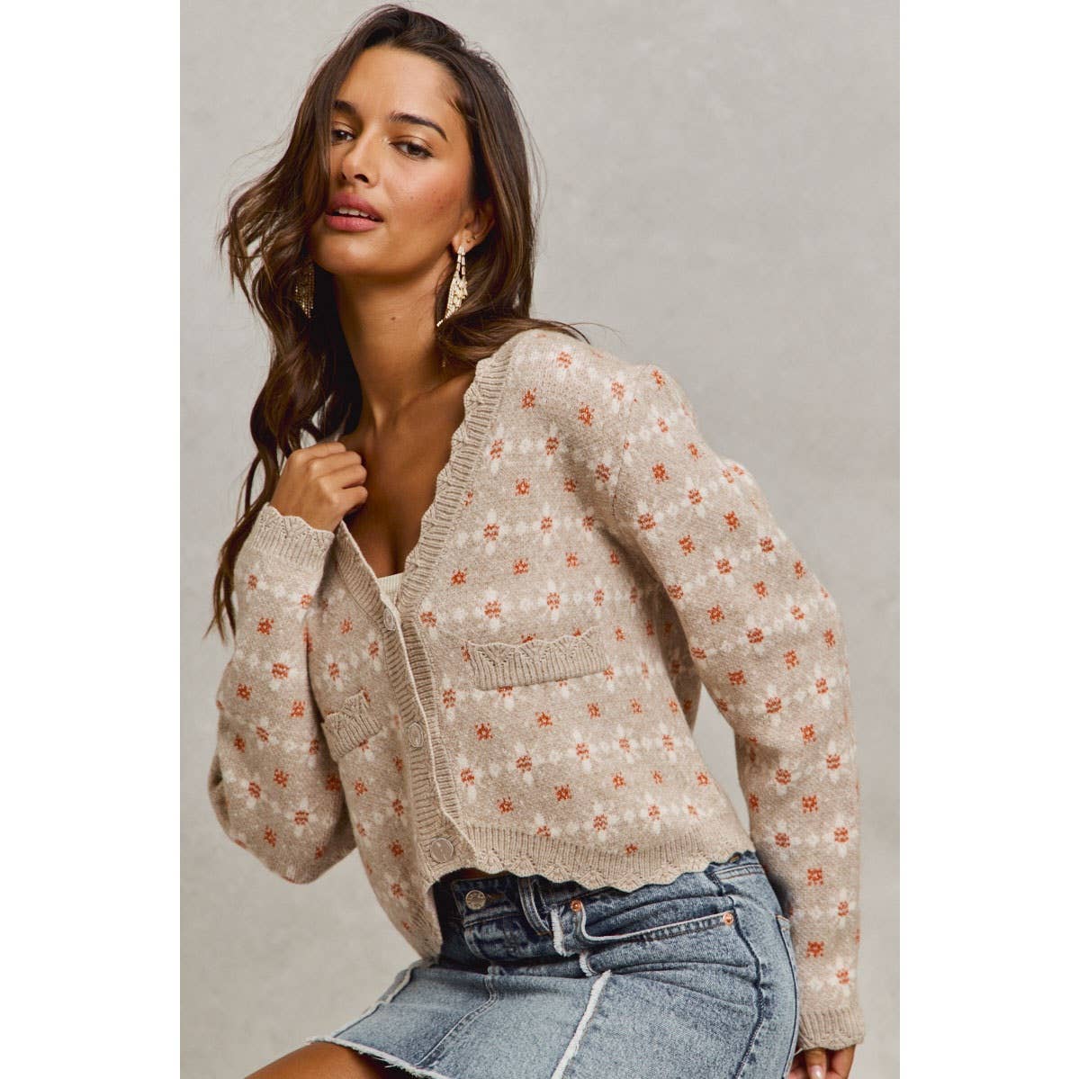 FLORAL PATTERNED BUTTON DOWN SWEATER CARDIGAN, OATMEAL