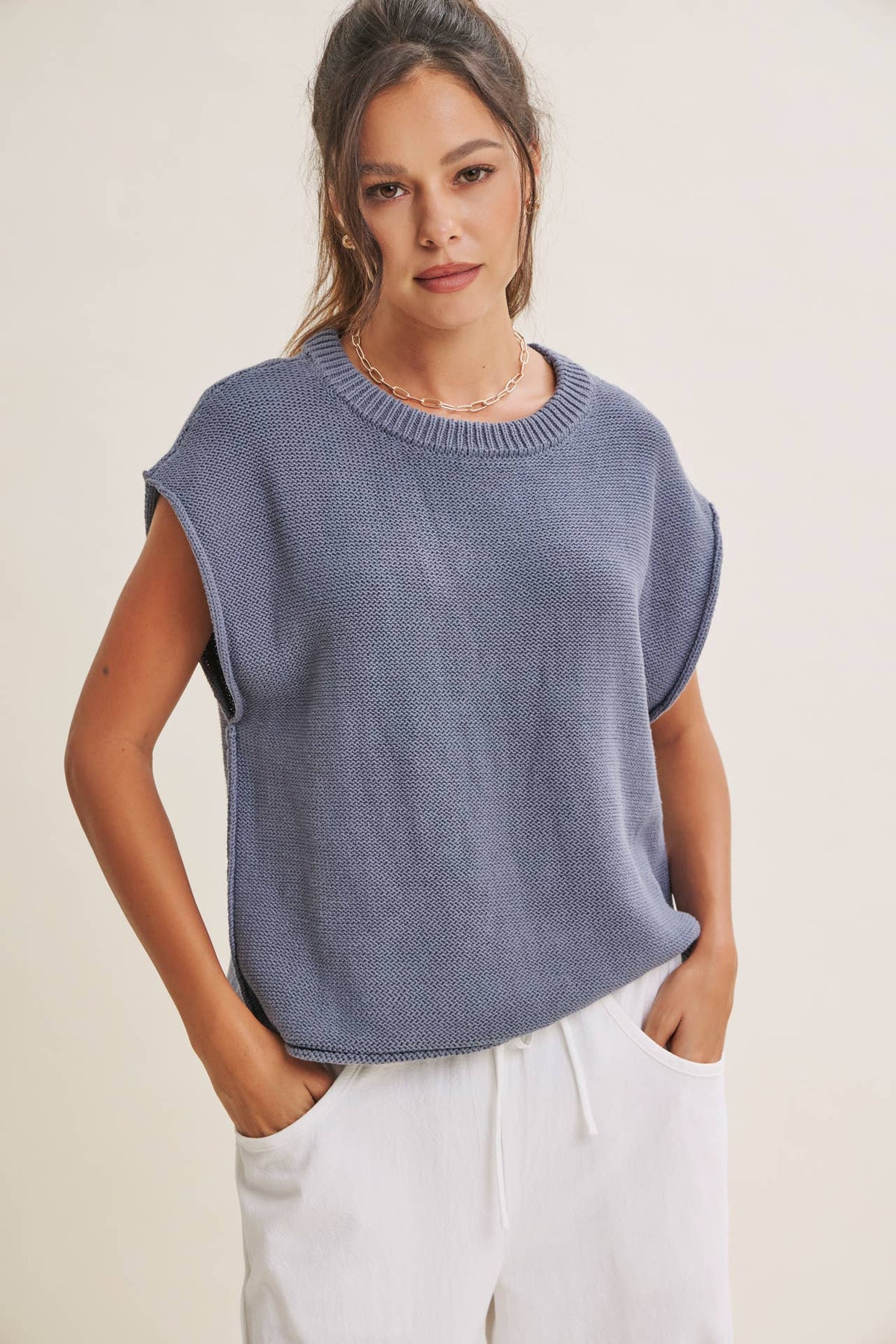 EVERYDAY EDIT COTTON SWEATER VEST, DENIM BLUE