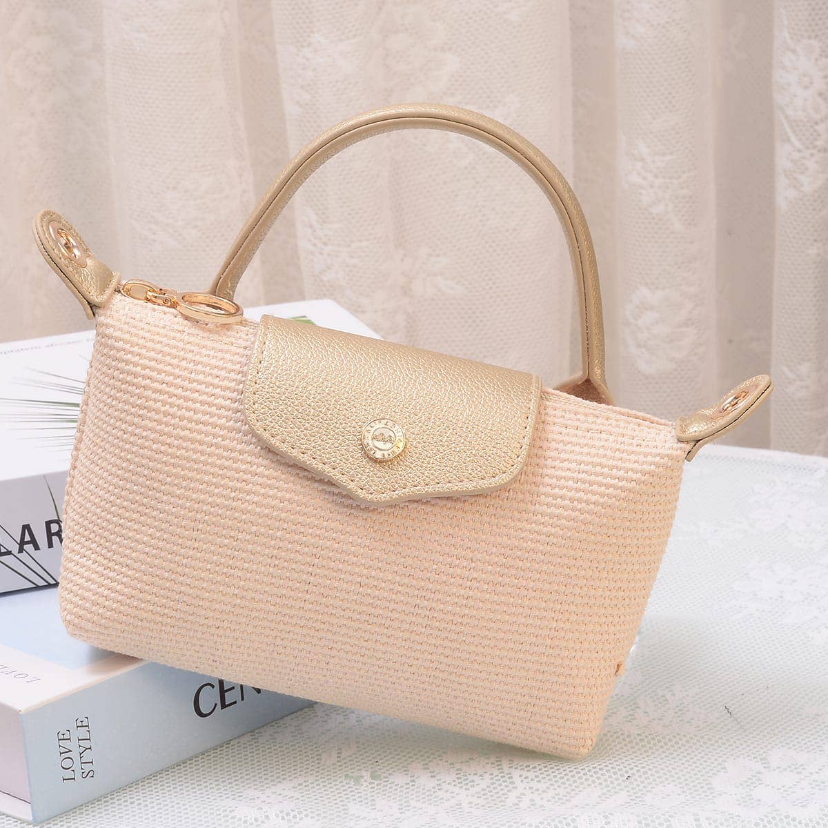 Lacey Straw Mini Crossbody Bag: Champagne Gold
