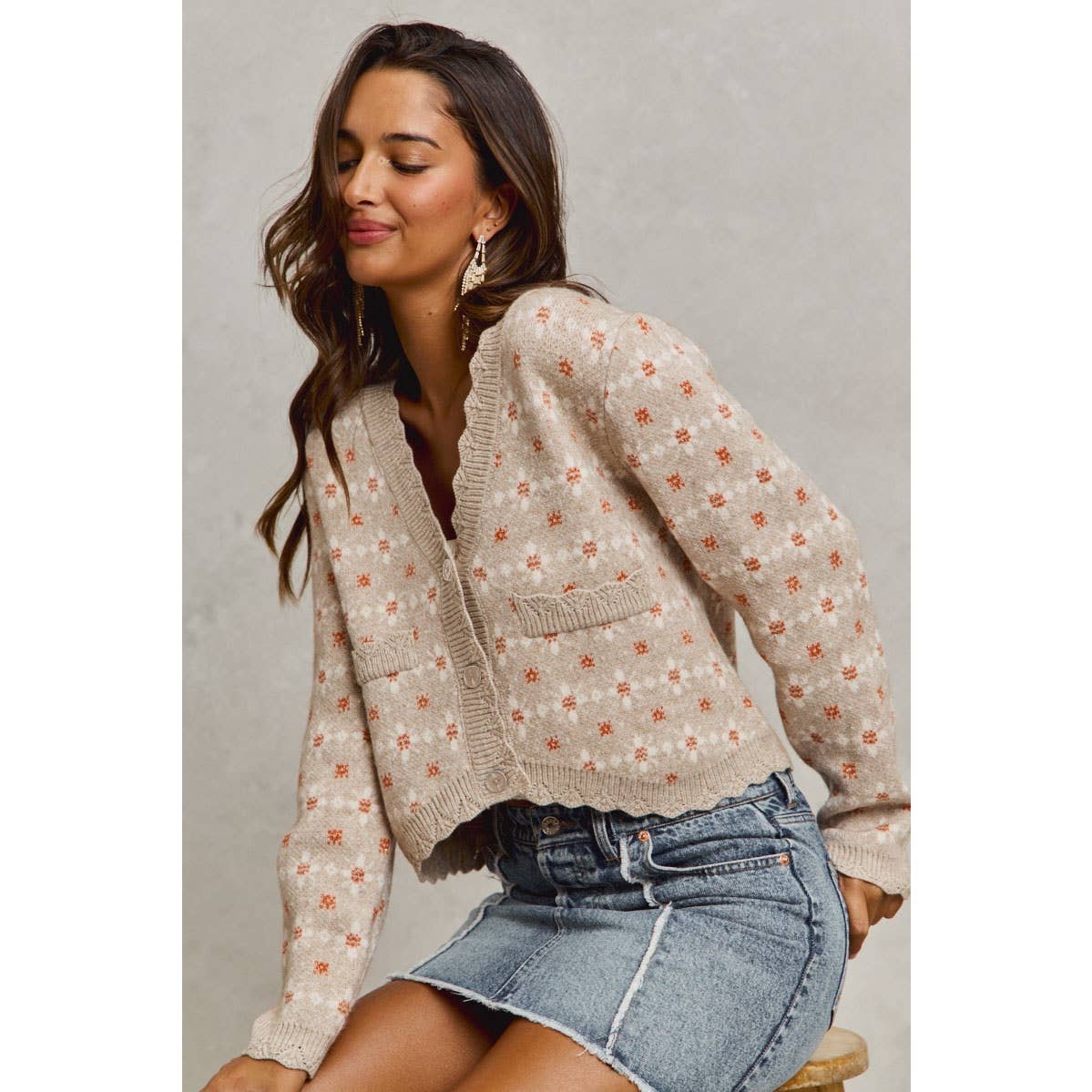 FLORAL PATTERNED BUTTON DOWN SWEATER CARDIGAN, OATMEAL