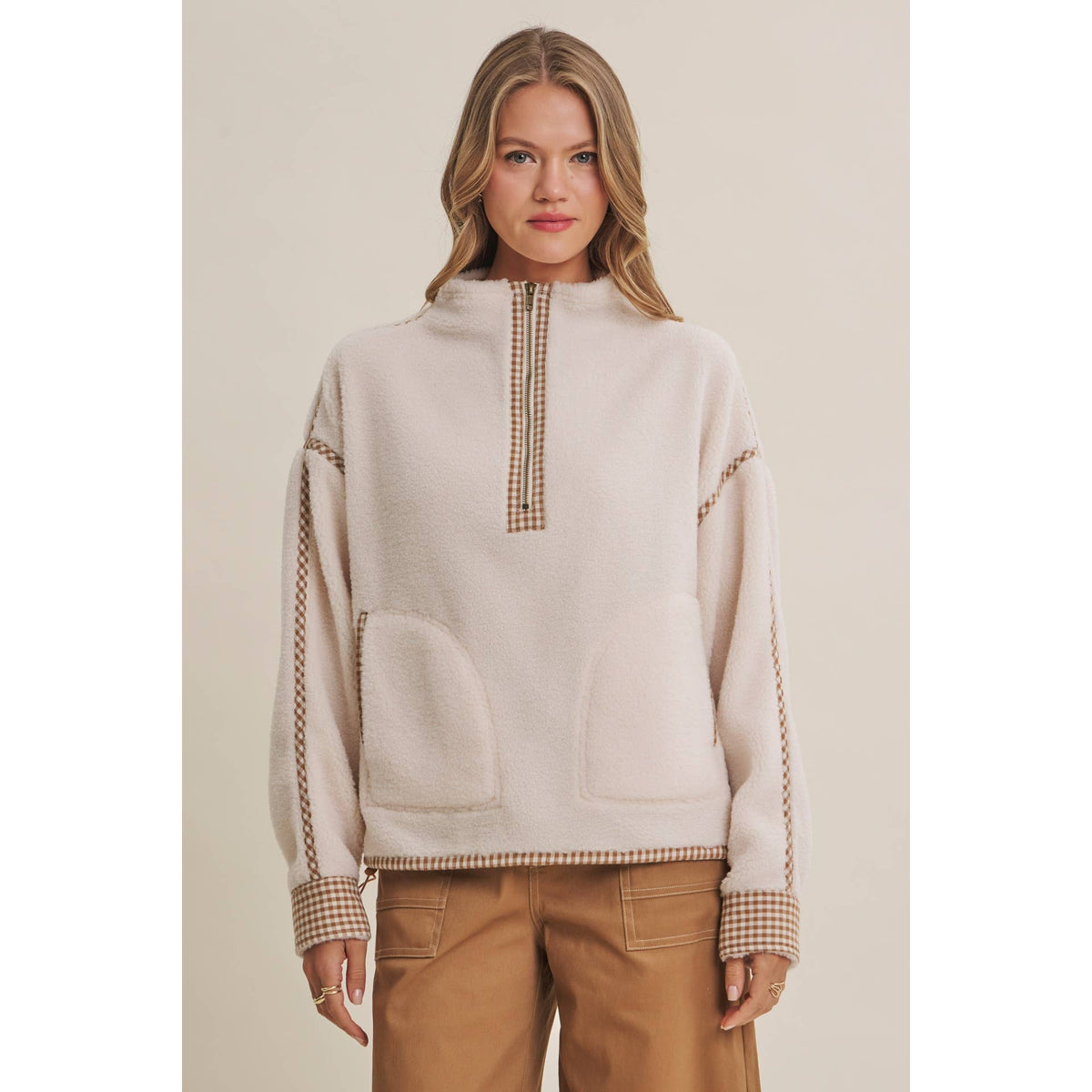 COZY CABIN GINGHAM TRIM HALF-ZIP PULLOVER