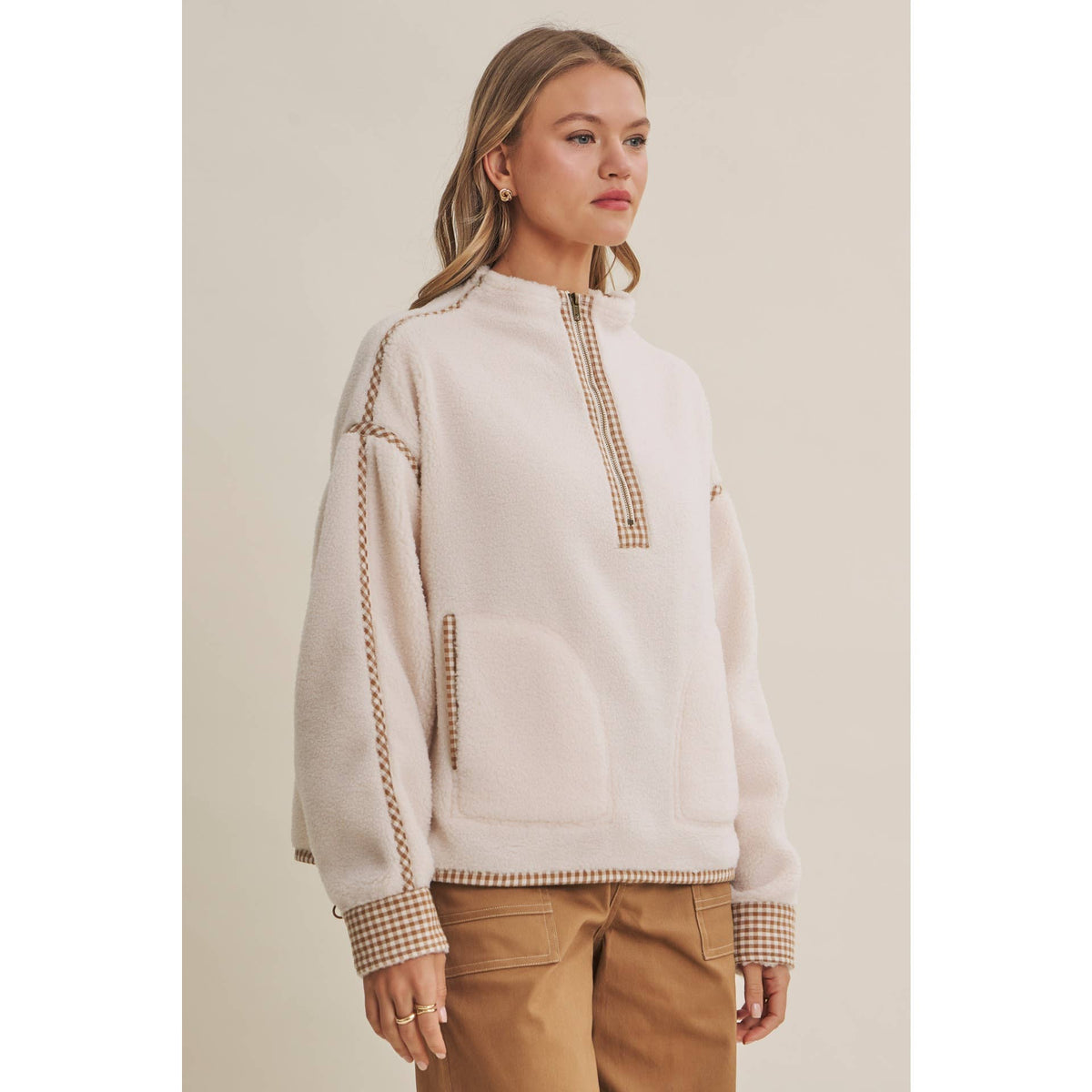 COZY CABIN GINGHAM TRIM HALF-ZIP PULLOVER
