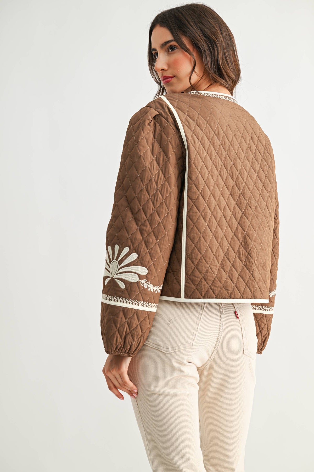 BOHO BLOOM QUILTED TIE-FRONT JACKET,  MOCHA