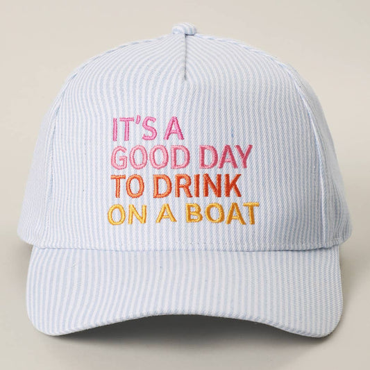 IT'S A GOOD DAY TO DRINK ON A BOAT Embroidered Trucker Hat: BLUE