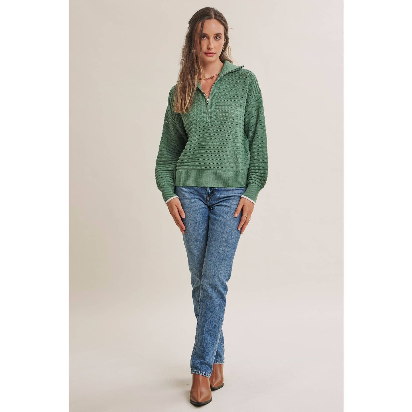 MOUNTAIN AIR TEXTURED HALF-ZIP SWEATER: SEA GREEN