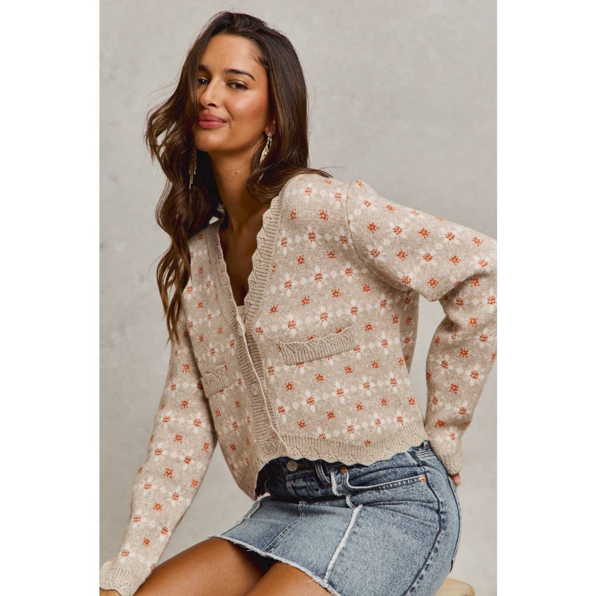 FLORAL PATTERNED BUTTON DOWN SWEATER CARDIGAN, OATMEAL
