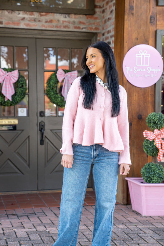 PARISIAN AFTERNOON PEPLUM CARDIGAN SWEATER, SOFT PINK