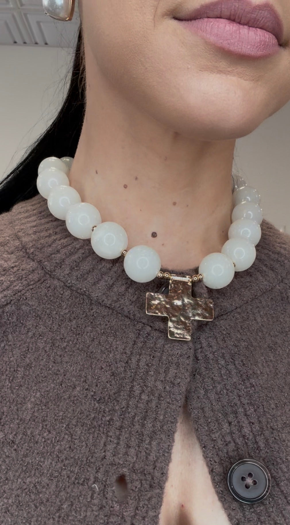 Evelyn Beaded Cross Necklace, Ivory