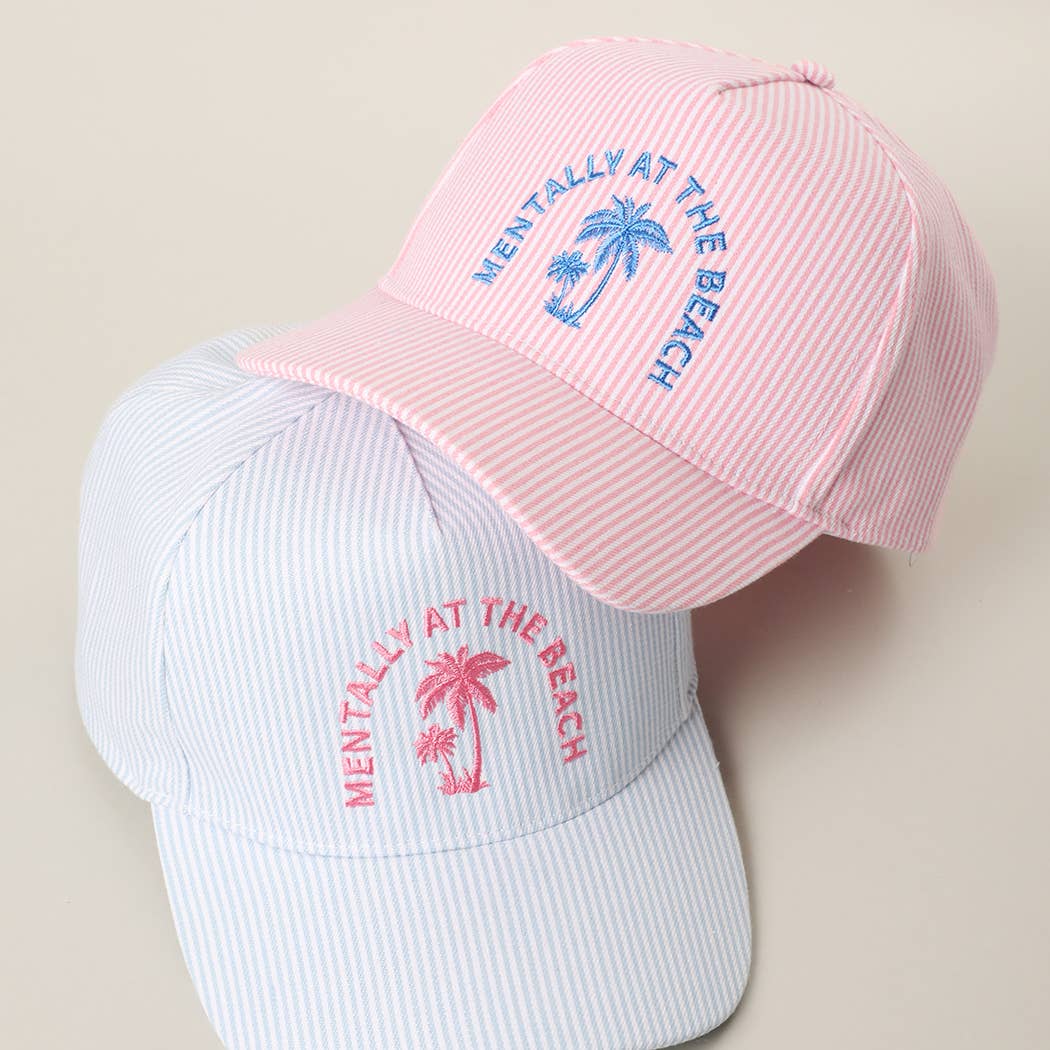 MENTALLY AT THE BEACH Embroidered Seersucker Trucker Hat, Pink