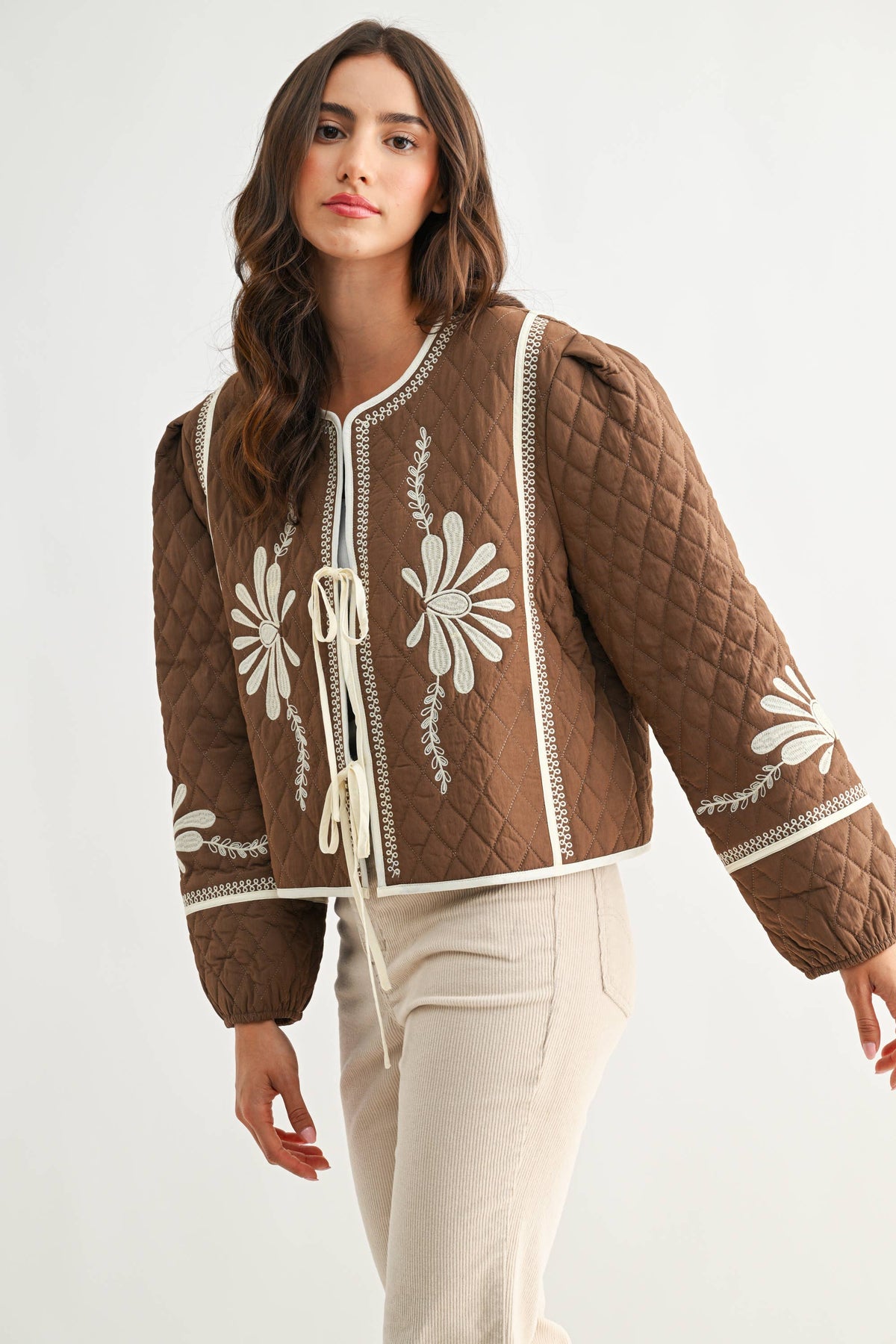 BOHO BLOOM QUILTED TIE-FRONT JACKET,  MOCHA